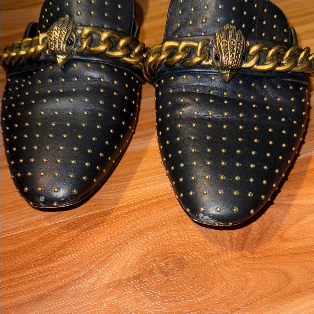 Kurt Geiger Black Leather Pointed Slip-On Mules with Gold Chain - Picture 3 of 16